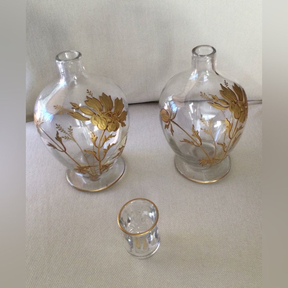 Baccarat 2 Crystal Decanters with a Gold Rimmed Glass - Antique Collectors Set